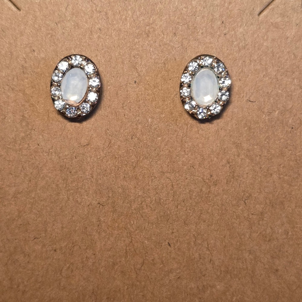 Gold Tone White Faux Opal Oval Halo Stud Earrings with Clear Crystal Accents